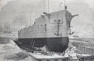 King Frederick II Of Prussia Drucke: The ironclad Frederick the Great on the stack in the shipyard of Kiel