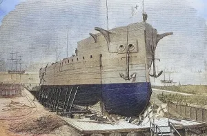 Ironclad Warship Drucke: The ironclad Frederick the Great on the stack in the shipyard of Kiel
