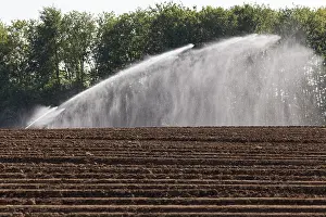 Central Europe Farming Drucke: Irrigation machine irrigates a field in spring