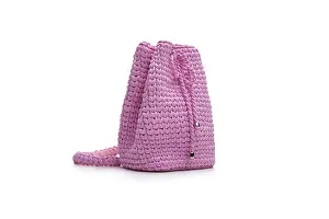 Isolated Female Person Drucke: Isolated view of small pink knitted backpack