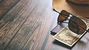 Wooden Background Copy Space Drucke: Items for summer vacation: a camera