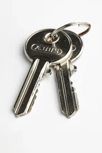 Light Colored Background Drucke: Key ring with two keys on a key ring
