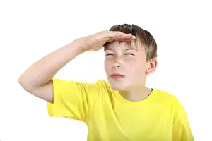 Bright Background Photography Drucke: Kid looking outside Isolated on the White Background