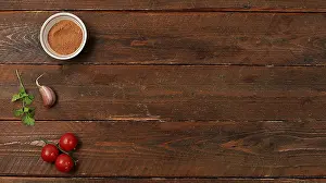 Top View Of Ingredients Drucke: Kitchen background with ingredients