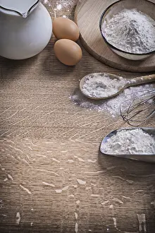 Raw Food Images Drucke: Kitchen composition eggs milk flour and tools