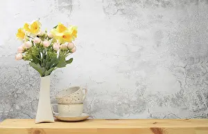 Modern Architecture Interior Space Drucke: Kitchen table with coffee cups and spring flowers