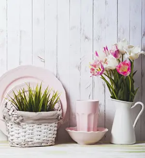 Deserted Breakfast Table Setting Drucke: Kitchen table top in rustic shabby chic style