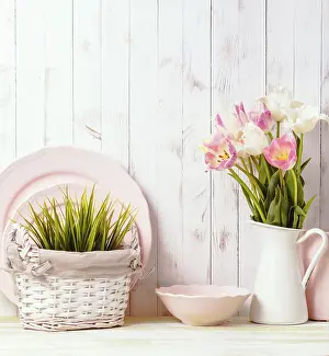 Deserted Breakfast Table Setting Drucke: Kitchen table top in rustic shabby chic style