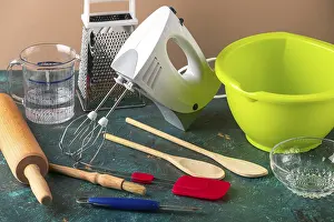 Empty Kitchen Table Scene Drucke: Kitchen utensils such as mixer