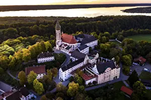 Baroque Church In Germany Drucke: Kloster Andechs, aerial view at sunset