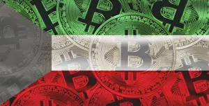 Drucke von Kuwaitische Flagge mit Bitcoins im Hintergrund. Bitcoin-Kryptowährung mit kuwaitischer Flagge, Investoren in Blockchain-Technologie Kuwait Drucke: Das kuwaitische Flagge mit Bitcoins im Hintergrund.