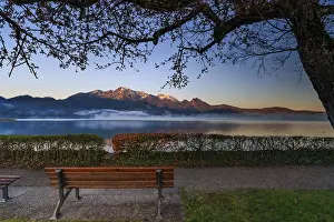 Alpine Foothills Landscape Drucke: Lake, reflection, bench, tree, park bench