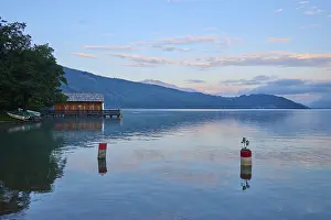 Carinthia Austria Landscape Drucke: Lake, reflection, boathouse, sky