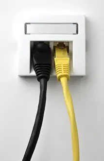 Electrical Wire Drucke: LAN cable, network cable in a socket