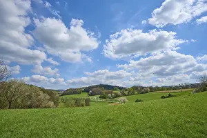 Cloudy Sky Landscapes Drucke: Landscape, meadow, clouds, low mountain range