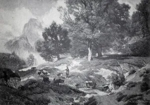 Idyllic European Landscape Drucke: Landscape in Ramsau with cows and a shepherd