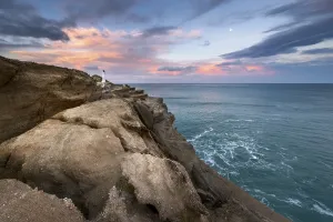 Landschaften Drucke: Lichtturm auf den Klippen am Castlepoint Lighthouse in Masterton, Wellington, Neuseeland
