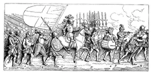 Historic Battle Scene Drucke: Landsknecht advance to the attack