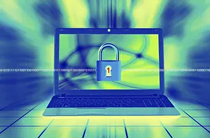 Digital Security Drucke: A laptop screen displays a padlock with binary code