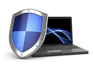 No People In The Background Drucke: Laptop and shield, This is a computer generated and 3d rendered image