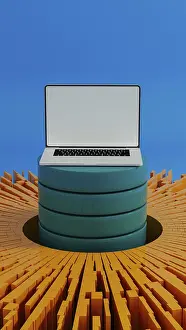 Scientific Research And Analysis Drucke: A laptop stands surrounded by vibrant data elements