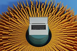 Scientific Research And Analysis Drucke: A laptop stands surrounded by vibrant data elements