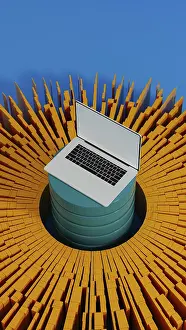 Modern Architecture Illustration Drucke: A laptop stands surrounded by vibrant data elements