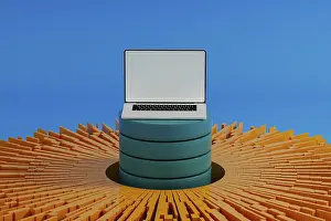 Scientific Research And Analysis Drucke: A laptop stands surrounded by vibrant data elements