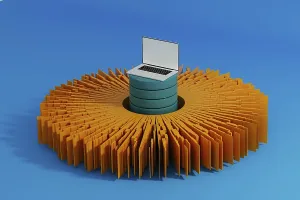 Modern Architecture Building Drucke: A laptop stands surrounded by vibrant data elements