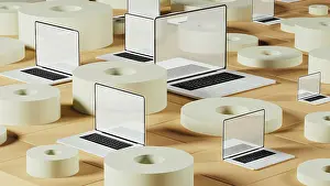 Geometric Patterns Drucke: Laptops rest on a backdrop of circular tiles and geometrical forms