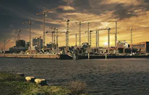 Northern Germany Sunset Drucke: Large construction site, sunset
