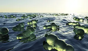 Eco Friendly Environment Protection Drucke: A large amount of green plastic bottles float in the ocean