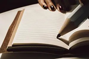 Career Development Concept Drucke: Large pencil is standing on a sheet of a notebook