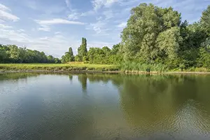 Drucke von Ein großer Teich wird von Bäumen und Pflanzen umgeben. Der Himmel ist klar und nur leicht bewölkt. Es ist ein angenehmer, sonniger Nachmittag. Man kann Spiegelungen im Wasser sehen Bas Rhin Drucke: Ein großer Teich wird von Bäumen und Pflanzen umgeben.