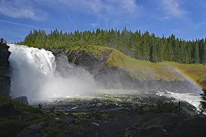 Scandinavian Waterfall Drucke: A large waterfall cascades thunderously into a river