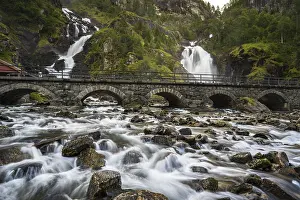 No People Waterfront Scenes Drucke: Latefossen waterfall with bridge