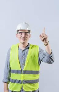 Hispanic Ethnicity Man Drucke: Latin engineer pointing up isolated