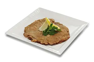 Meat Dish Preparation Drucke: Layout for menu. Chopped meat in breading