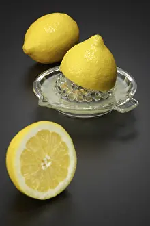 Citrus Fruit Photography Drucke: Two lemons with a squeezer made of glass