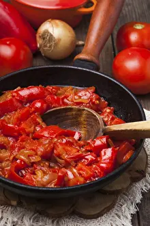 Country Style Dinner Ideas Drucke: Letcho ingredients and dish in rustic pan