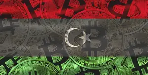 Blockchain Technology Investors Drucke: Libyan flag with Bitcoins in the background
