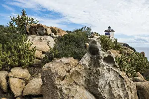 Drucke von Leuchtturm mit Kakteen und Felsen, Capo Ferrato, Muravera, Provinz Cagliari, Sardinien, Italien Cagliari Drucke: Leuchtturm mit Kakteen und Felsen.