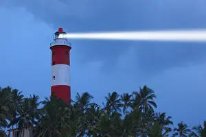 Starry Night Sky View Drucke: Lighthouse in night with light beam