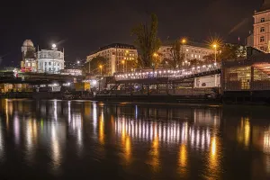 Atmospheric European Landmark Drucke: Lights are reflected in the Danube Canal