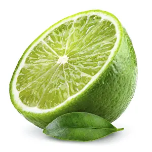 Tropical Fruit Images Drucke: Lime with leaf isolated on white background