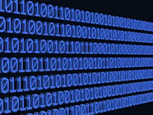 Binary Code Drucke: Several lines of binary code, blue zeros and ones against a black background