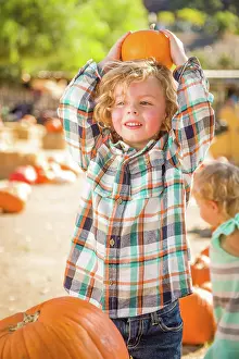 Pumpkin Patch Kids Drucke: Little Boy Standing in a Rustic Ranch Setting at the Pumpkin Patch