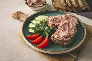 Meat Dish Drucke: Liver meat pate spread on rye bread