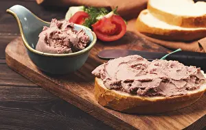 Wooden Background Still Life Drucke: Liver meat pate spread, on white bread