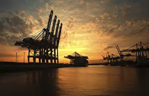 Freight Transport Germany Drucke: Loading cranes at sunset in the Waltershofer Harbor